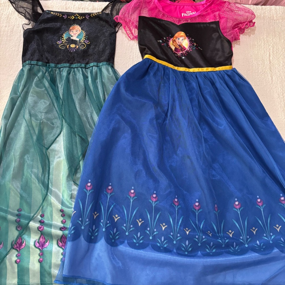 Disney Frozen Anna & Elsa Nightgown Lot 2pc Girls 6 Dress Up Bl Teal Pink Bundle